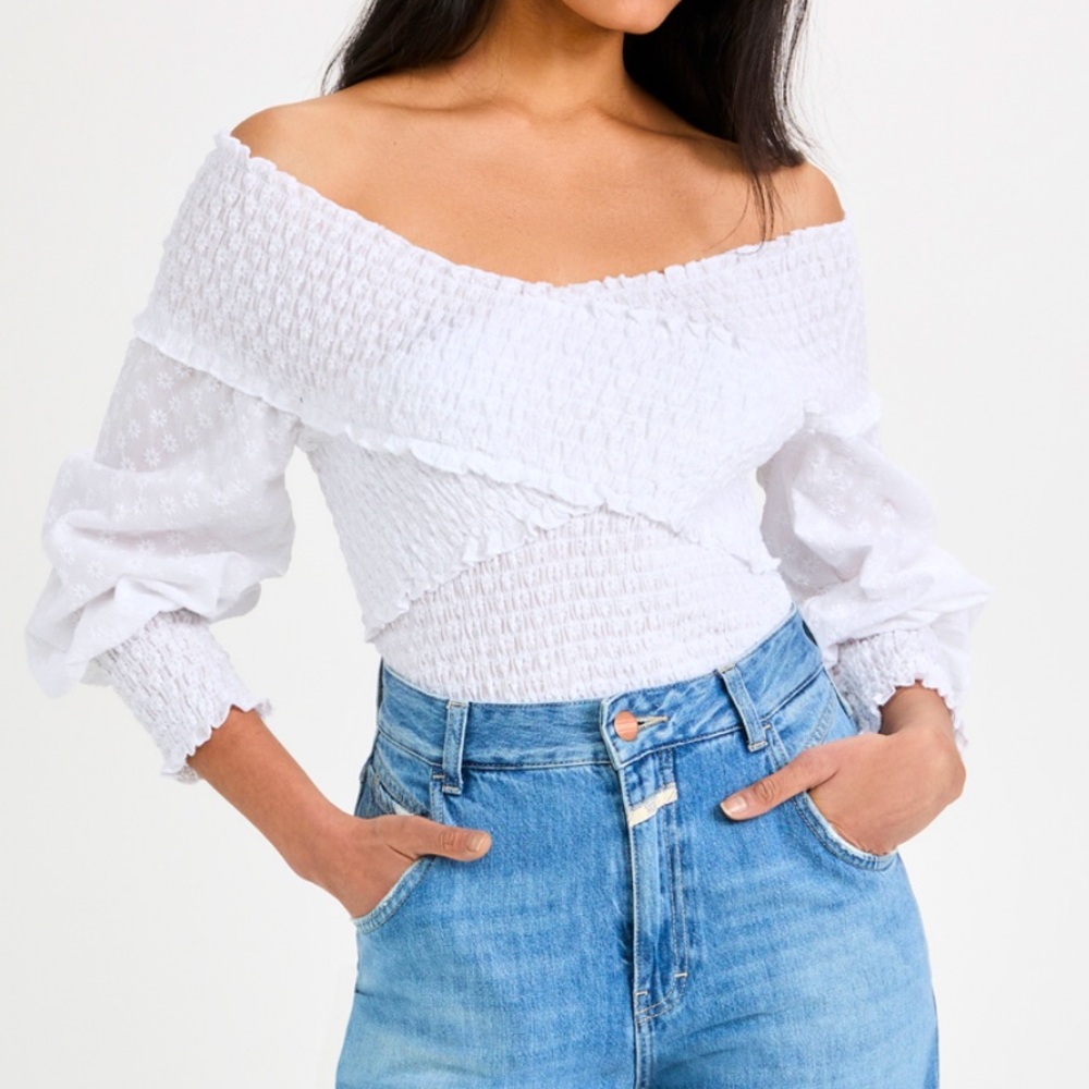 White Eyelet Smocked Blouse